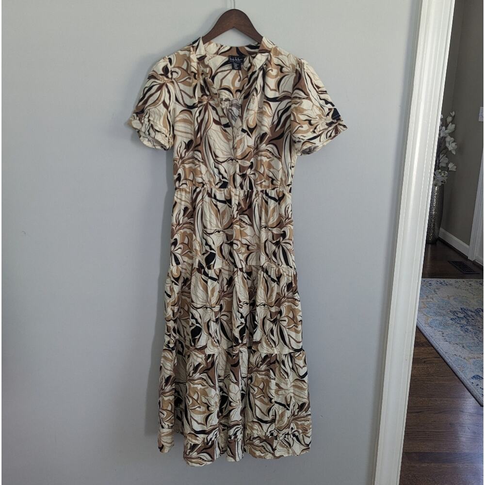 Women's Nicole Miller Cream Brown Black Linen Blend Maxi Dress XS